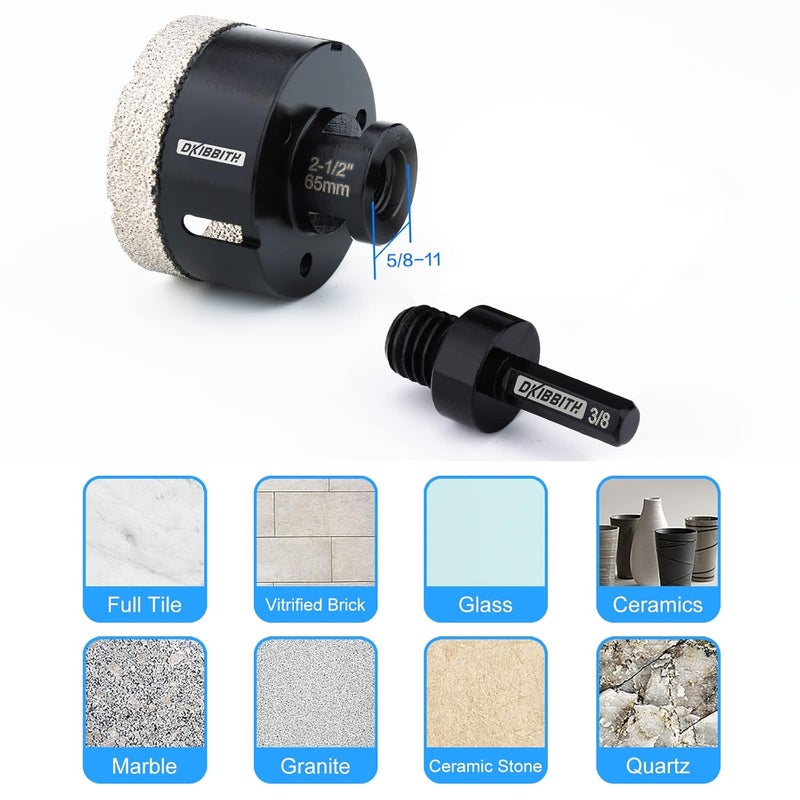 DKIBBITH 2-1/2'' Dry Diamond Hole Saw, 65mm Hole Saw Brazed Core BitGranite Tile Quartzite Marble Porcelain Ceramic Stones5/8-11 ThreadAngle Grinders and 3/8'' Hex ShankElectric Drills Black - Image 3